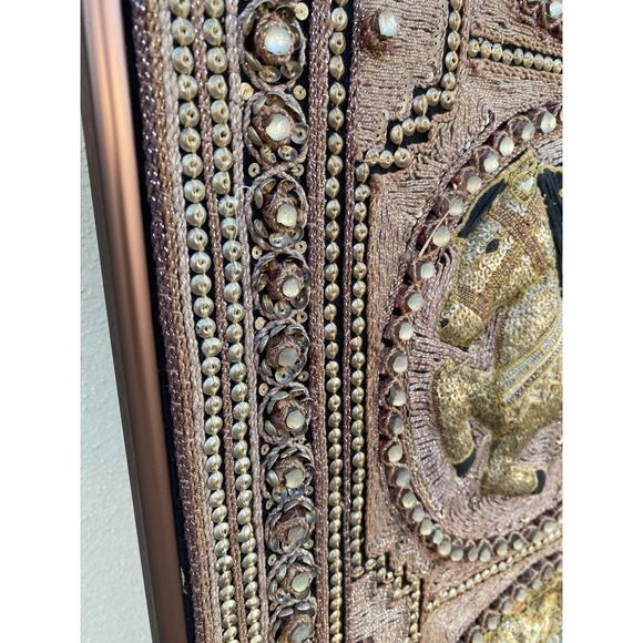 Vtg Burmese Thai Kalaga Tapestry Wall Art Elephant Peacock Lion Beaded 54” Large - Picture 14 of 16